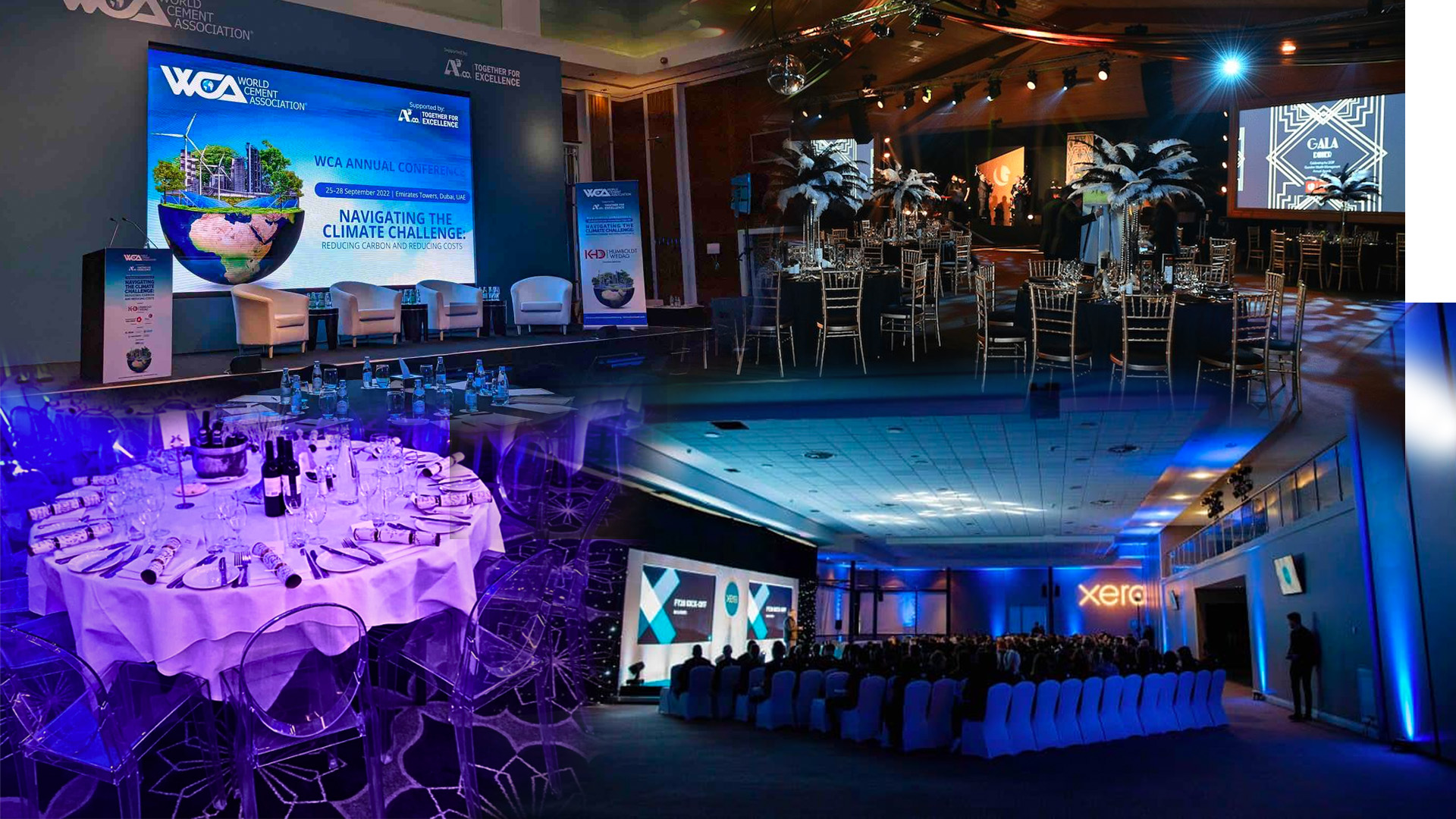 Collage of conferences, gala dinners, and product launches