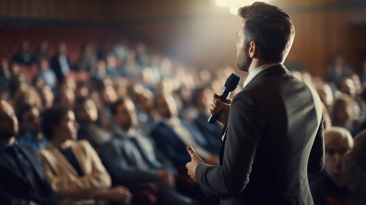 Speaker addressing an audience with a branded backdrop