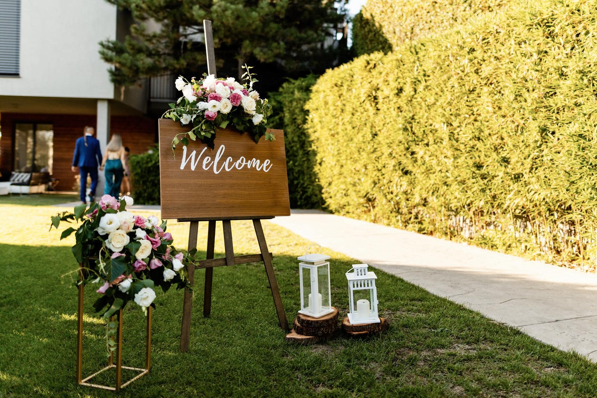 Guests being greeted with flowers at an event