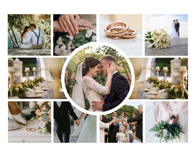 Collage of wedding, corporate launch, and family celebration